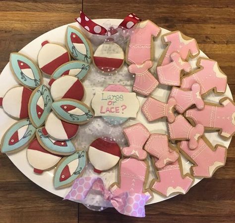 Lures or Lace Gender Reveal Cookies Lures Or Lace Gender Reveal, Fishing Gender Reveal, Gender Reveal Ultrasound, Gender Reveal Food, Gender Announcement, Gender Reveal Cookies, Bow Gender Reveal, Pregnancy Gender Reveal, Lace Cookies