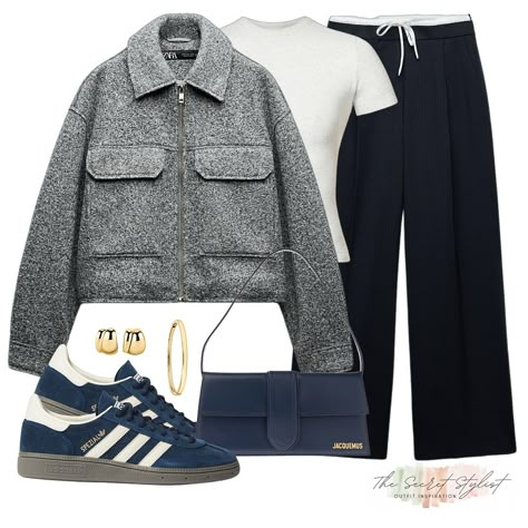 Grey and navy outfits - a transitional autumn outfit styling the wardrobe staple contrast waist trousers in navy with this grey felted bomber jacket and those sell out Adidas Spezials that have finally restocked for a casual weekend outfit 🙌🏼 Comment LINKS to receive the outfit links directly 🙌🏼 Or SHOP the outfit in the September highlight or via my LTK SHOP - The Secret Stylist #adidasspezial #trousers #greyjacket #bomberjacket #zarajacket #outfitinspo #outfitoftheday #outfitideas #trans... Gray And Navy Blue Outfit, Grey Jacket Outfit Casual, Navy And Grey Outfit, Navy Vest Outfit, Navy Jacket Outfit, Grey Trousers Outfit, Grey Jacket Outfit, Blue Outfit Winter, Son Bahar