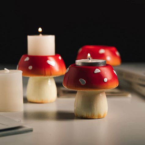 Mushroom Candle Holder, Mushroom Candle, Wooden Tea Light Holder, Clay Candle Holders, Farmhouse Cottagecore, Mushroom Tea, Candle Stick Decor, Tea Candle Holders, Pottery Candle Holder