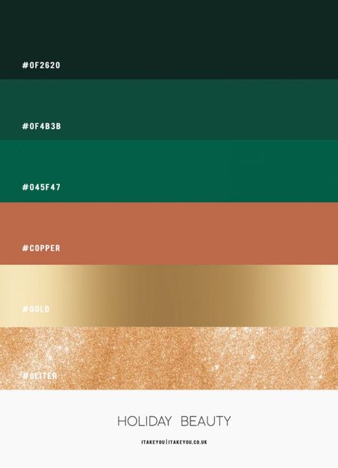 Copper, Green, Gold and Glitter Colour Scheme { Holiday Colour Combo } Copper Colour Palette, Green Combination, Green Color Combinations, Gold Color Combination, Gold Color Palettes, Gold Palette, Gold Color Scheme, Green Color Schemes, Green Palette