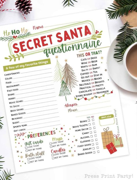 Free Printable Secret Santa Questionnaire for Adult Gift Exchanges Gift Exchange Questionaire, Christmas Gift Questionnaire, Secret Santa Messages, Printable Secret Santa Questionnaire, Secret Santa Questions, Secret Santa Templates, Secret Santa Form, Secret Santa List, Santa Questionnaire