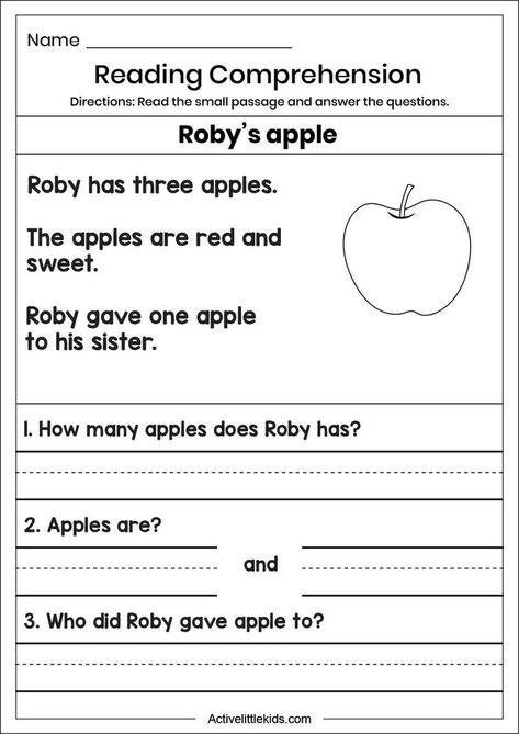 Apple Reading Comprehension, Kindergarten Comprehension Worksheets, Science Worksheets For Kindergarten, Kindergarten Test, B Worksheet, Kindergarten Reading Comprehension, First Grade Reading Comprehension, Short Sentences, Reading Comprehension Kindergarten