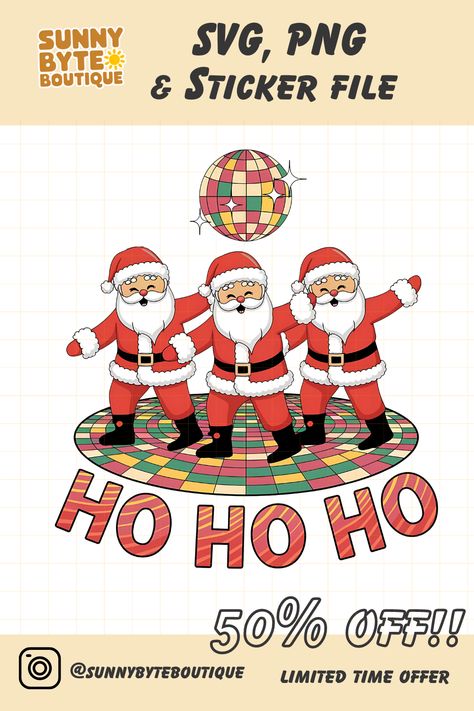 A vibrant retro-style PNG of three dancing Santas with a glittering disco ball, perfect for Christmas party invitations, festive holiday decor, and DIY holiday projects. This fun and unique Christmas clipart adds a retro flair to your digital art, scrapbooking, and social media posts. Ideal for holiday-themed designs and anyone looking to create joyful, groovy, and festive vibes. Bring your Christmas designs to life with this dancing Santa trio! Disco Santa, Christmas Disco Ball, Retro Christmas Party, Disco Ball Png, Christmas Disco, Disco Christmas, Santa Clipart, Dancing Santa, Ball Png