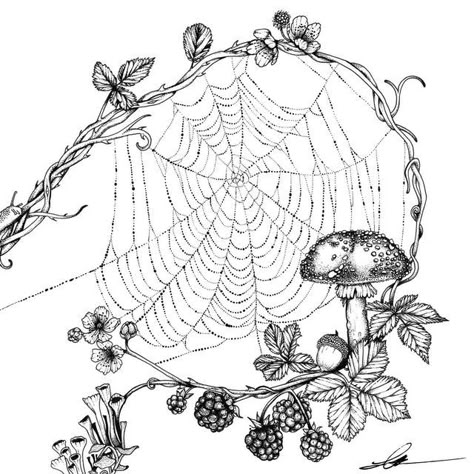 Spider Web Nature, Mushroom Spider Web Tattoo, Spider And The Fly Tattoo, Blackberry Spiderweb Tattoo, Mushroom Spider Tattoo, Forest Flash Tattoo, Earthy Shoulder Tattoo, Mushroom Shoulder Tattoo, Witchy Gap Filler Tattoo