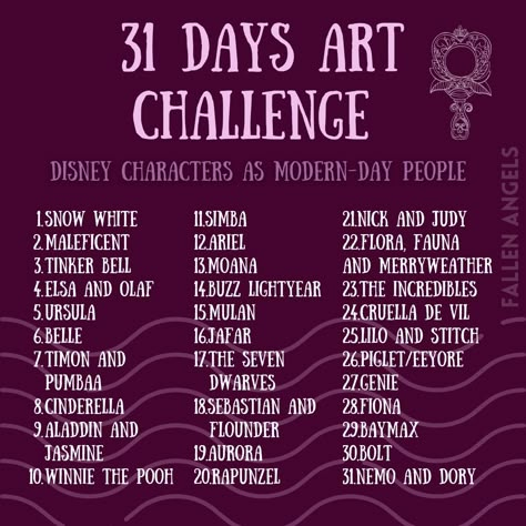 Draw Disney Characters as modern-day people. 31 Days Art Challenge!! People Drawing Challenge, 30 Days Digital Art Challenge, 31 Day Challenge Drawing, 31 Days Of Drawing Challenge, 5 Day Drawing Challenge, Disney Drawing Prompts, 30 Day Disney Drawing Challenge, 30 Day Drawing Challenge Character, Drawing Challenge 31 Day