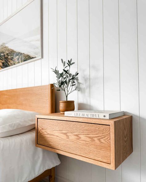 How to Build a Modern DIY Floating Nightstand With Drawer - Fun Home Building Floating Shelf As Nightstand, Diy Nightstand Floating, Wall Night Stand Ideas, Floating Shelf Side Table, Single Drawer Nightstand, Bedside Table Ideas Floating, Ikea Floating Nightstand Hack, Wall Mounted Nightstand Diy, Headboard With Nightstand Attached Diy