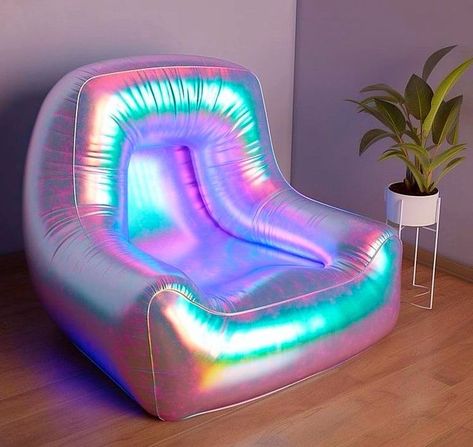 Holographic Sofa, Glam Living Room Ideas, Neon Furniture, Blow Up Furniture, Lounge Aesthetic, Iridescent Decor, Fancy Living Rooms, Neon Bedroom, Cozy Lighting