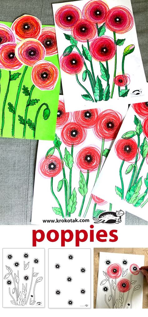 Poppies Poppy Craft Kindergarten, Remembrance Art For Kids, Poppy Art Projects For Kids, Poppy Arts And Crafts Kids, Poppy Eyfs Activities, Poppy Projects For Kids, Quick Art Lesson, Drawing Poppies, Poppy Flower Craft