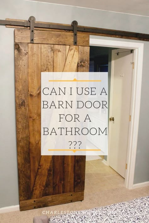 Can I use a barn door for a bathroom? Everything you need to know about barn doors and whether they will work in your space. #charlestoncrafted #barndoor #barndoors #bathroom #diy Barn Door Bathroom Door, Barn Door To Bedroom, Bath Doors Ideas, Barn Door In Bedroom Master Bathrooms, Sliding Barn Door For Bathroom, Locking Barn Door, Barndoor Bedroom Door, Barn Door For Bathroom Master Bath, How To Build A Barn Door