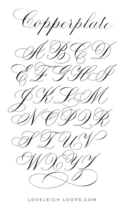 Learn the Copperplate uppercase alphabet with a simple printable worksheet from Loveleigh Loops! In Copperplate calligraphy, capitals are the final step and are a great place to add some calligraphy flourishes. Here you'll find calligraphy examples of flourished capital letters to serve as inspiration for your own calligraphy. Follow Loveleigh Loops for more calligraphy tutorials and tips! Capital Letters Calligraphy, Copperplate Calligraphy Alphabet, Cursive Tattoo Letters, Calligraphy Flourishes, Calligraphy Writing Styles, Hand Lettering Alphabet Fonts, Calligraphy Letters Alphabet, Tattoo Fonts Alphabet, Flourish Calligraphy