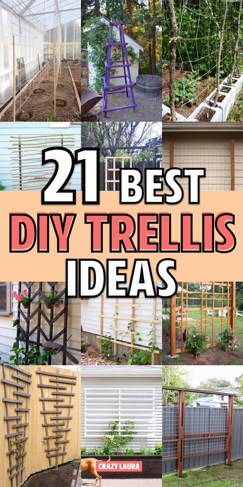 Want to build your own garden trellis and need some tutorials for help!? Check out these 21 super helpful ideas! Diy Trellis Ideas, Ladder Trellis, Teepee Trellis, Vertical Trellis, Grape Trellis, Vine Trellis, Diy Garden Trellis, Arch Trellis, Trellis Ideas