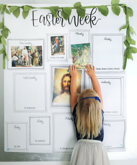 This Easter Week tradition is now available in Spanish. Click here to view the post details and get the download in Spanish. As we enter the weeks leading up to the commencement of Holy Week and th Easter Jesus Activities, Week Of Easter, Easter Timeline For Kids, Holy Week Poster, The Holy Week, Easter Creche, Easter Week Timeline, Easter Week Activities, Diy Easter Decorations Christian