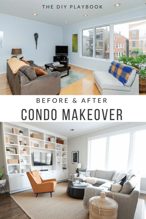 Small Condo Decorating Living Room, Condo Flipping, Condo Den Ideas, Small Condo Decorating, Condo Makeover, Before And After Makeover, Condo Design Ideas, Chicago Condo, Chicago Condos