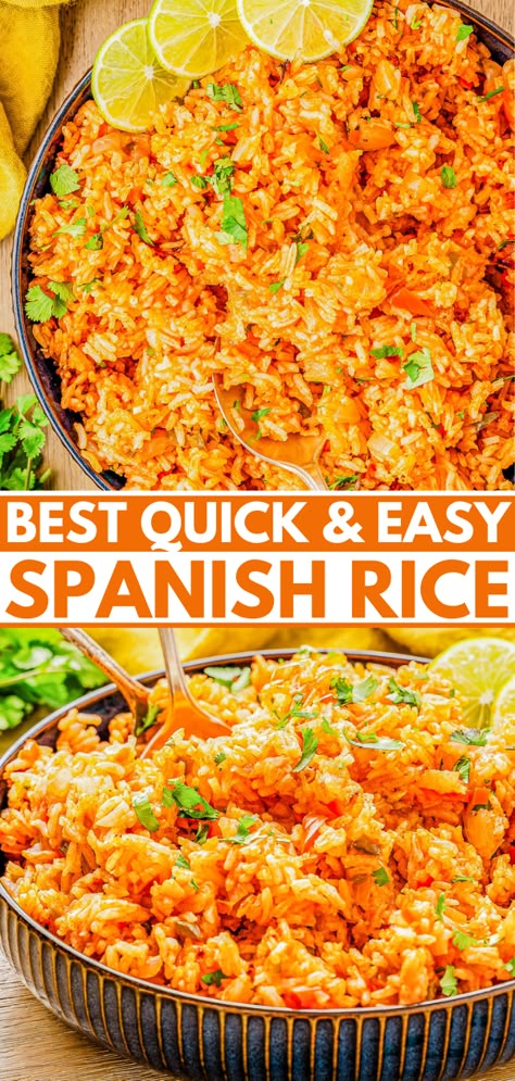 Spanish Rice - 🎉😋🙌🏻 Often interchangeably called 'Mexican rice', this perfectly cooked rice recipe has bits of onions, red bell peppers, jalapenos, and is seasoned with garlic, cumin, and oregano for tons of great FLAVOR! Ready in 25 minutes and made in just one skillet with a handful of ingredients, it's always a family favorite side dish! Serve it with your fave Mexican recipe, use it inside burritos, or for any recipe that calls for seasoned rice.'Mexican rice', this perfectly cooked rice Homemade Spanish Rice, Spanish Rice Recipe Easy, Spanish Rice Easy, Rice Recipe Easy, Spanish Rice Recipe, Mexican Rice Recipes, Averie Cooks, Mexican Recipe, Easy Rice Recipes