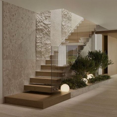 Contemporary Villa Interior Design, Travertine Interior Design, Villa Stairs Design, Staircase Wall Design Modern, Modern Minimalist Staircase, Interior Design Stairs, Stairs Interior Design, Luxury Villa Interior, Villa Stairs