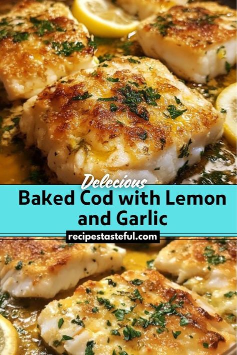 Baked Cod with Lemon and Garlic is a healthy, flavorful dish featuring tender cod fillets infused with the bright flavors of lemon and aromatic garlic. This quick and easy meal is perfect for any night of the week. Cod Fish Recipes Baked, Baked Cod Fillets, Cod Recipes Healthy, How To Cook Cod, Cod Fillet Recipes, Lemon Baked Cod, Cod Dishes, Cod Fillets, Baked Cod Recipes