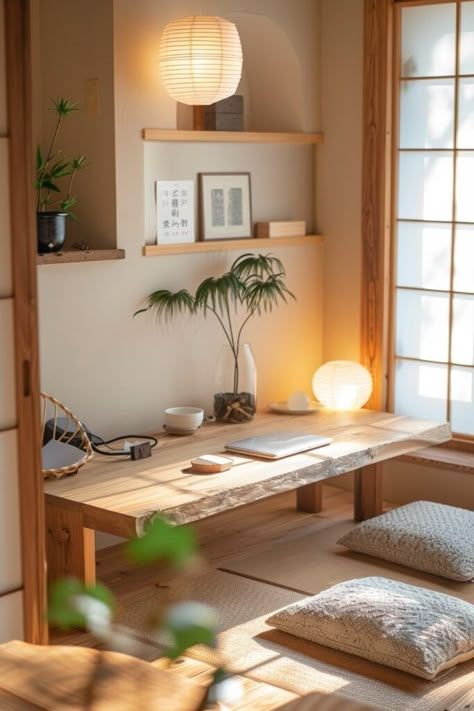 Home Decor Ideas Scandinavian Style, Japanese Cozy Home, Japandi Style Home Office, Japandi Working Space, Japanese Inspired Decor, Furniture Free Living, Office Japanese Style, Japanese Interior Design Small Spaces, Japandi Villa