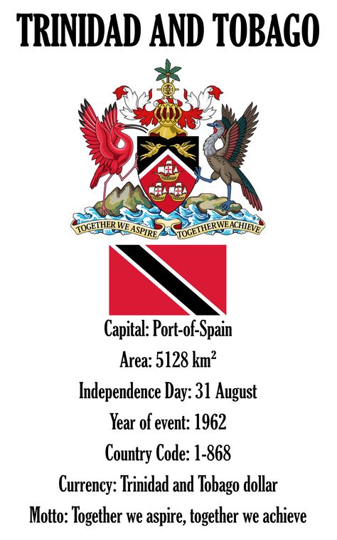 Trinidad and Tobago, Capital: Port-of-Spain, Area: 5128 km², Independence Day: 31 August, Year of event: 1962, Country Code: 1-868, Currency: Trinidad and Tobago dollar, Motto: Together we aspire, together we achieve * 2231RDV Trinidad Independence Day, Trinidad And Tobago Culture, Trinidad And Tobago Independence Day, Trinidad Independence, Trinidad Dishes, Trinidad And Tobago Map, Trinidad Culture, Multicultural Night, Caribbean Countries