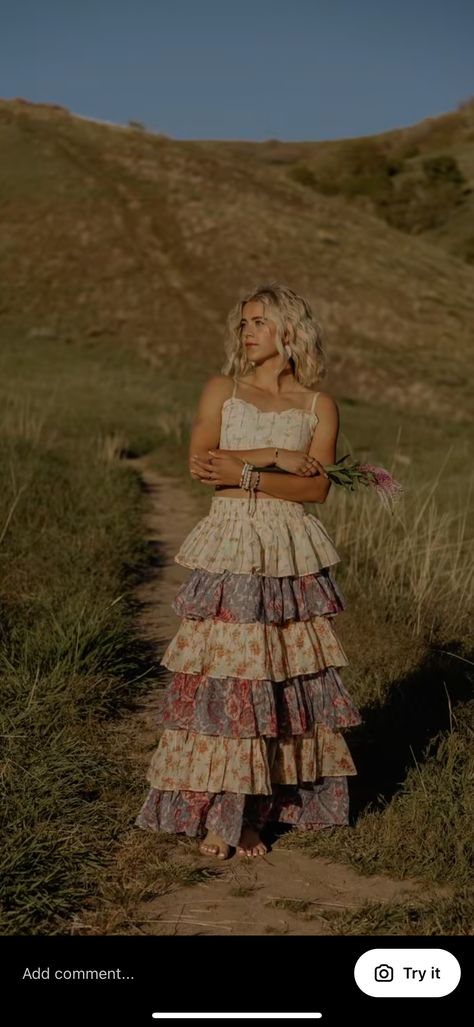 Fancy Dress Senior Pictures, Dress And Cowboy Boots Photoshoot, Senior Picture Dresses Long, Senior Picture Ideas Long Dress, Long Dress Senior Pictures, Free Spirit Aesthetic Outfit, Cute Country Dresses, Senior Photoshoot Outfits, Senior Session Outfits