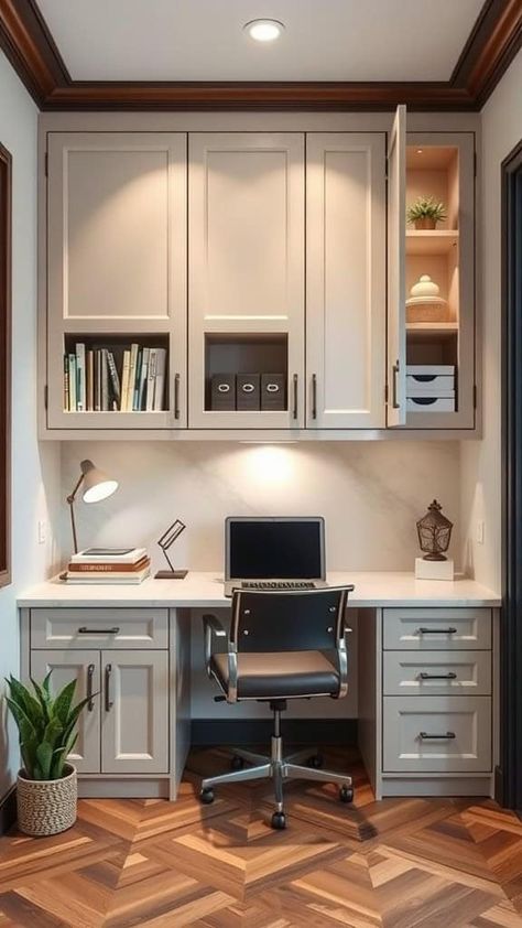 Optimize your small home office with custom-built ins for added storage and a polished look. Built In Desk With File Cabinets, Office Nook Ideas Small Workspace Built Ins, Office Storage Shelving Ideas, Built In Desk With Upper Cabinets, Tiny Office With Storage, Small Office With Shelves, Overhead Cabinets Office, Cabinet Above Desk, Computer Desk Built In