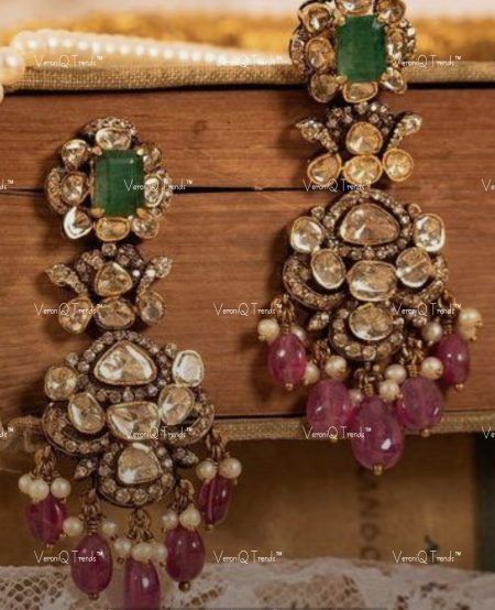 VQ-133 Victorian Polki Earrings, Victorian Earrings Indian, Kundan Sets Indian Jewelry, Kundan Gold Jewellery, Victorian Jewelry Indian, Victorian Jewellery Designs, Gold Kundan Earrings, Victorian Jewelry Necklace, Polki Studs