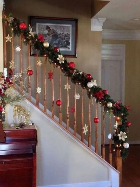 100+ Cheap and Easy DIY Christmas Decor Ideas that proves Elegance is not Expensive - Hike n Dip Christmas Banister, Christmas Stairs Decorations, Staircase Decor Ideas, Christmas Staircase Decor, Christmas Stairs, Dollar Tree Christmas Decor, Christmas Staircase, Staircase Decor, Dollar Tree Christmas