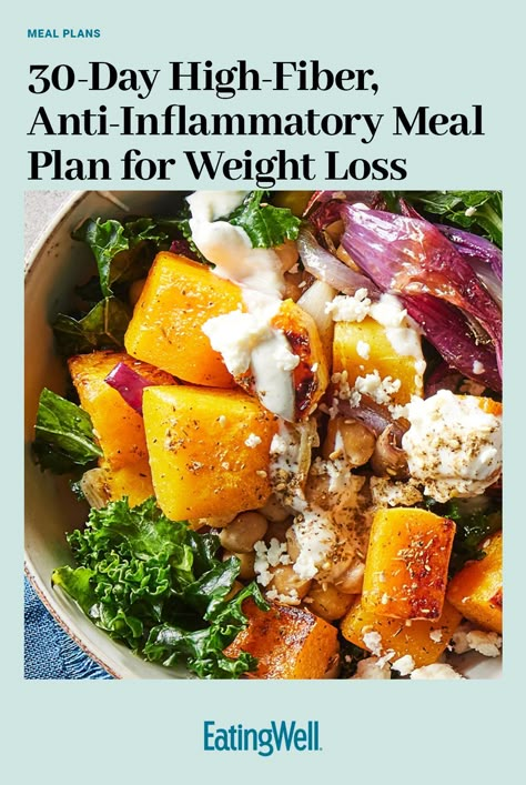 Follow this 30-day high-fiber, anti-inflammatory meal plan for weight loss to reduce inflammation and improve your health. #healthymealplans #healthyrecipes #mealplan #mealplanideas #mealplanning #mealprep#weightloss#dietrecipes#weightlossrecipes#weightlossideas#diet#dietinspiration#inflammation#antiinflammation#antiinflammatorydiet#healthyeating#eatingwell#healthy High Fiber Diet Plan Menu Healthy, Meal Prep For Inflammation, Healthy Fiber Dinner Recipes, Low Inflamation Meals, Meals For Inflammation, High Fiber Paleo Recipes, Antiflammatory Diet Meal Plan, High Fibre Meal Plan, Anti Inflammation Lunch Meal Prep