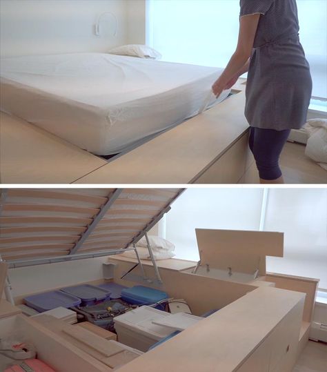 A custom designed platform bed that's been raised up to create hidden storage. Small Bedroom With Storage, Floating Shelf Bathroom, Shelf Bathroom Vanity, Bedroom With Storage, Bedroom Platform, Bathroom Floating Shelf, Concrete Bed, Sensory Bedroom, Lift Up Bed