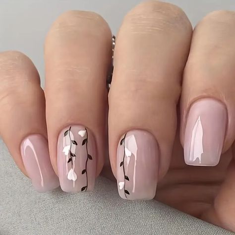 Glossy Nude Press Nails Heart Branch Design Short - Temu Unghie Nail Art, Nagel Tips, Fake Nails With Glue, Colorful Nails, Her Nails, White Nail, Stick On Nails, Nail Art Hacks, Artificial Nails