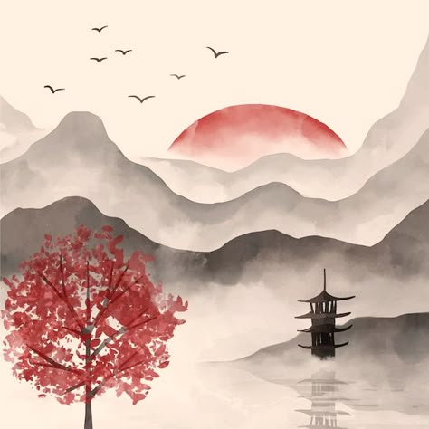 Chinese Nature Painting, Easy Chinese Painting, Free Style Painting Ideas, Old Chinese Painting, Japanese Watercolour Painting, Japan Painting Easy, Japanese Painting Easy, Poster Painting Ideas, Chinese Art Drawing