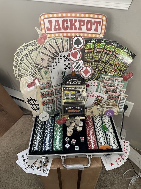 Basket Bingo Baskets, Quarter Auction Baskets Ideas, Wedding Raffle Ideas, Board Game Gift Basket, Lottery Ticket Raffle Basket, Alcohol Baskets, Casino Holiday Party, Alcohol Basket, Quarter Auction