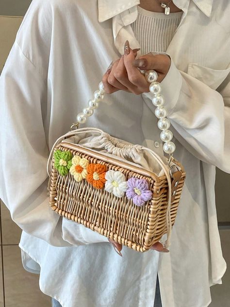 Mini Flower Decor Drawstring Closure Woven Bag With Faux Pearl Handle For Women, Ideal For Vacation TravelI discovered amazing products on SHEIN.com, come check them out! Cat Bag Crochet, Small Bags Fashion, Pearl Handbag, Free Crochet Bag, Ethnic Bag, Vanity Bag, Wicker Bags, Unique Purses, Rattan Bag