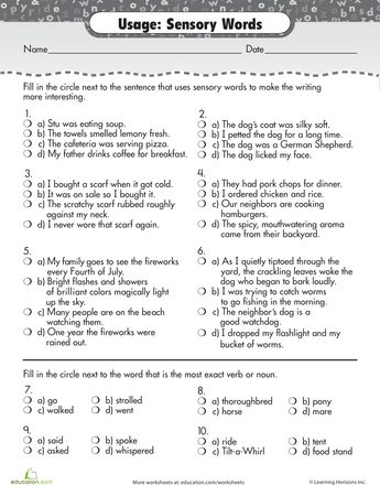 Worksheets: Writing with Adjectives: Using Sensory Words Writing Process Chart, Descriptive Paragraph, Esl Writing, Sensory Words, Sensory Images, Words Worksheet, Process Chart, Writing Sheets, English Grammar Worksheets