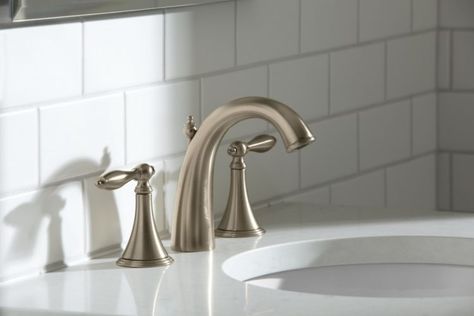 10 Essentials for a Brushed Nickel Bathroom Silver Bathroom Fixtures, Bathroom Fixtures Brushed Nickel, Faucet Finishes, Kohler Bathroom Faucet, Black Faucet Bathroom, Traditional Faucet, Bathroom Faucets Brushed Nickel, Full Bathroom Remodel, Silver Bathroom