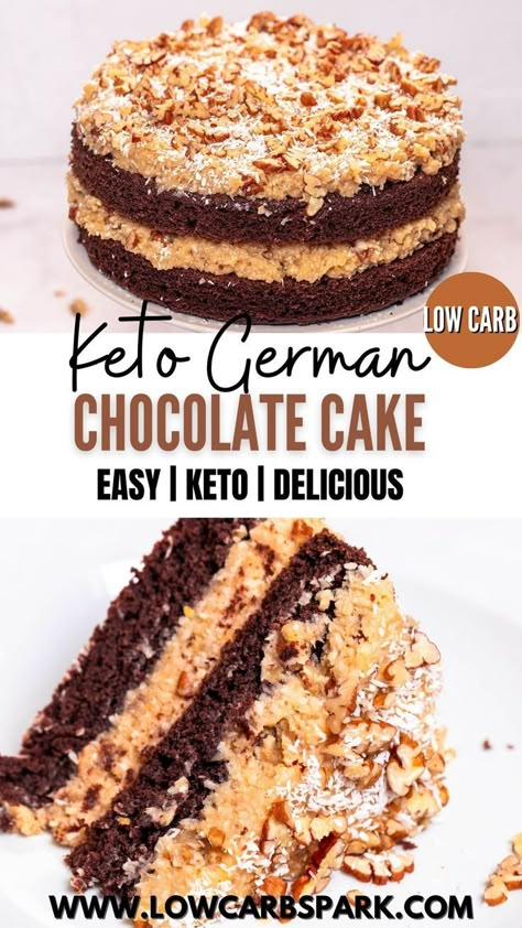 Almond Flour German Chocolate Cake, Keto German Chocolate Cake, Coconut Flour Cake, Chocolate Cake With Coconut, Low Carb Chocolate Cake, Best Keto Desserts, Easy Keto Desserts, Chocolate Cake Frosting, German Chocolate Cake Recipe