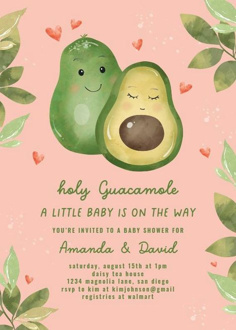 Avocado Gender Reveal Ideas, Avocado Themed Baby Shower Ideas, Avocado Gender Reveal, Avocado Baby Shower Theme, Diy Baby Shower Invitations, Avocado Theme, Avocado Stuff, Baby Shower Greetings, Avocado Baby