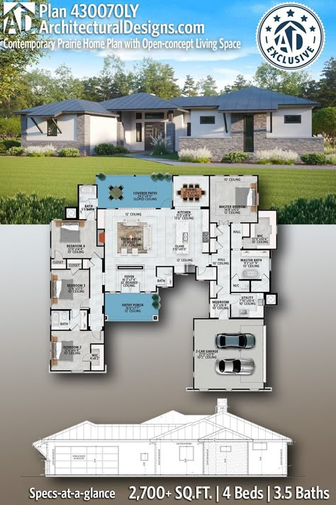 Our Contemporary Hill Country House Plan 430070LY gives you 2700 + square feet of living space with 4 bedrooms and 3.5 baths. AD House Plan #430070LY #adhouseplans #architecturaldesigns #contemporaryhome #houseplans #homeplans #floorplans #homeplan #floorplan #houseplan Rambler Style Homes, 2700 Sq Ft House Plans, Kings Landing, Custom Floor Plans, Prairie Home, Contemporary Craftsman, Open Concept Layout, House Plans Ideas, Model House Plan