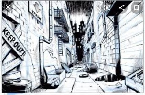 Cartoon Alleyway, Alleyway Drawing Reference, Comic Art Style Background, Comic Book Background Art, Comic Background Art, Alley Way Drawing, Background For Comics, Alleyway Drawing, Alley Drawing