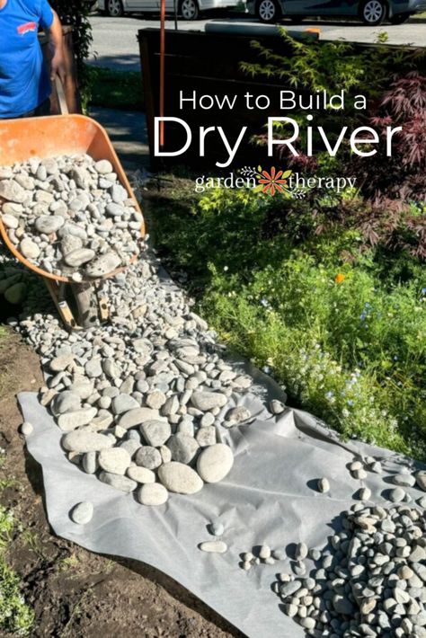 Pin image for how to build a dry river Diy Dry River Bed, Dry Riverbed Landscaping Backyards, River Rock Landscape Ideas, Dry Stream Landscaping, Natural Creek Landscaping, Diy Dry Creek Bed For Drainage, Culvert Landscaping Ideas Drainage Ditch, Swale Landscaping Ideas, Dry Rock Bed For Drainage