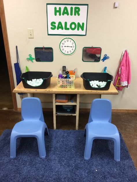 Hair Salon Role Play Eyfs, Barber Shop Dramatic Play Preschool, Hospital Playroom Ideas, Preschool Community Helpers Theme Dramatic Play Centers, Guided Play Preschool, Dramatic Play Area Preschool Classroom, Preschool Dramatic Play School Theme, Hair Salon Preschool Dramatic Play, Salon Activities For Preschool