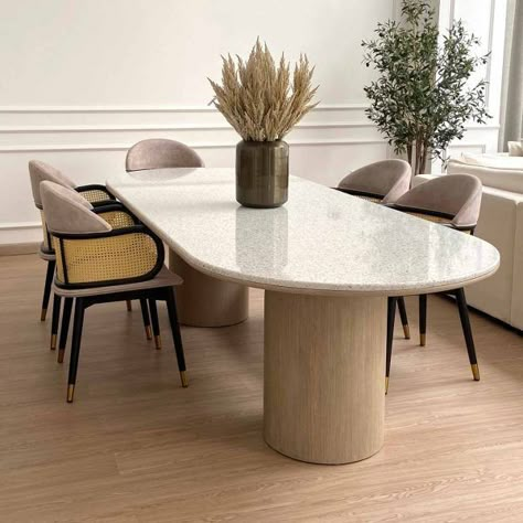 Modern Stone Dining Table, Center Base Dining Table, Marble Top Dining Table Round, Marble And Wood Dining Table Modern, Wood Base Stone Top Dining Table, Dining Table With Center Base, Dining Table Terrazzo, Marble Top Table Dining, Stone Dinner Table