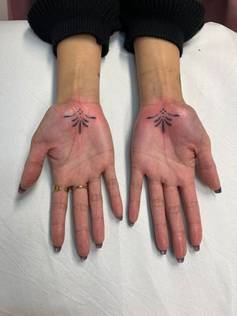 Stay Present Tattoo Symbols, Alchemy Hand Tattoo, Palm Stick And Poke, Palm Ornamental Tattoo, Henna Tattoo Permanent, Tattoo Palm Hand, Frida Kahlo Art Tattoo, Museum Tattoo Ideas, Mexican Ornamental Tattoo