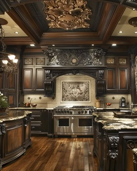 Victorian Mansion Interior Kitchen, Old New Kitchen, Dark Traditional Kitchen, Old Mansion Kitchen, Victorian Homes Kitchen, Vintage Aesthetic House, Aesthetic Vintage House, Tuscan Style Homes Interior, Regal Kitchen