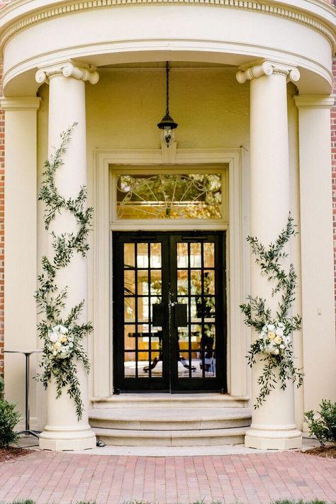 Love how this couple used the architecture already in place by simply adding greenery and florals to the columns of the hotel Pillar Decorations Columns, Pillar Decor, Column Decor, Pillar Decorations, Wedding Columns, Columns Decor, Column Decoration, Wedding Pillars, Chapel Hill North Carolina