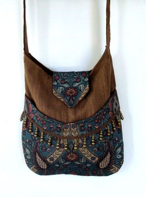 Medieval Bag, Bijoux Art Nouveau, Estilo Hippy, Bead Fringe, Brown Teal, Estilo Hippie, Tapestry Bag, Carpet Bag, Two Worlds