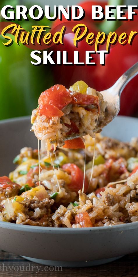 WOW! My family LOVED this super easy Ground Beef Stuffed Pepper Skillet. It was like regular stuffed pepper filling made in just one pan! Stuffed Pepper Filling, Stuffed Pepper Skillet, Pepper Skillet, Stuffed Peppers Beef, Ground Beef Stroganoff, Easy Ground Beef, Stuffed Pepper, Minced Meat, Peppers Recipes