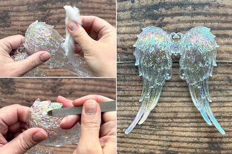 Removing fur from wing ornament. Ornament Diy Christmas, Angel Wing Crafts, Christmas Angels Diy, Angel Ornaments Diy, Wing Ornament, Diy Christmas Angel Ornaments, Craft For Adults, Angel Wings Wall Art, Easy Christmas Craft