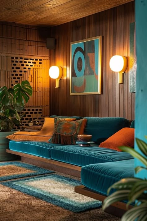 70s Lounge Room, 70s House Decor, Bohemian Cabin, 70s Sofa, Futuristic Home Interior, 70s Lounge, Modern Lounge Rooms, Modern Eclectic Interior Design, 1950s Interior Design