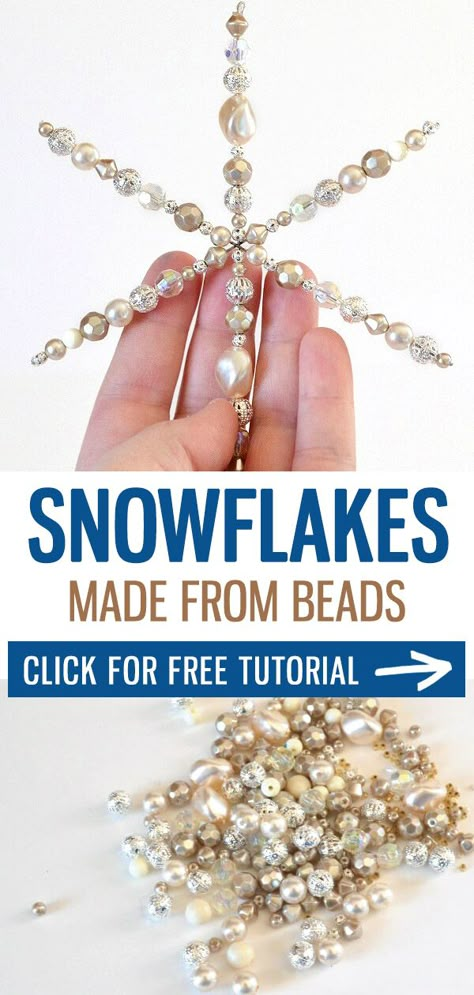 Diy Bead Snowflakes, Snowflake Ornament Christmas Tree, Crystal Bead Snowflake Ornament, Beaded Xmas Decorations, Vintage Jewelry Christmas Ornaments Diy, Homemade Beaded Christmas Ornaments, Homemade Bead Ornaments, How To Make Bead Ornaments, Wood Bead Snowflake Ornament