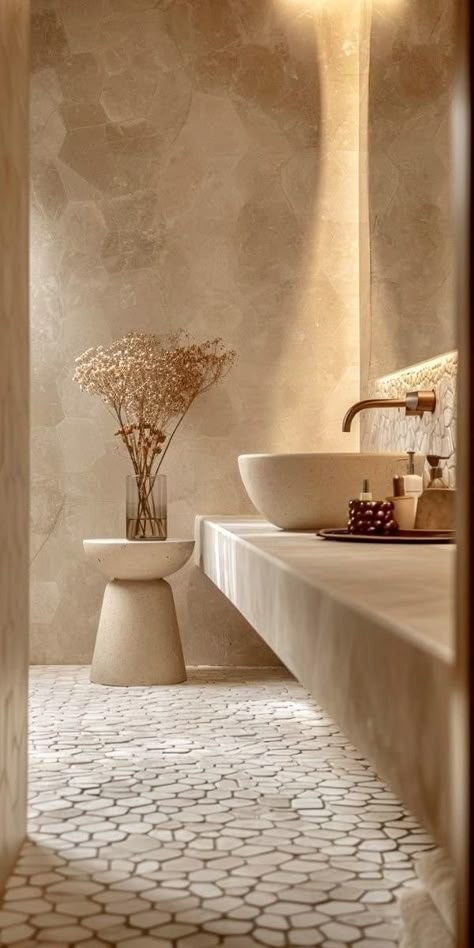 Modern Powder Room Ideas, Modern Powder Room Design, Wabi Sabi Bathroom, Modern Powder Room, Powder Room Remodel, Mediterranean Interior, Powder Room Ideas, Spa Interior, Powder Room Design